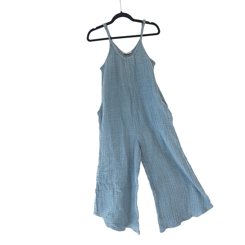 Natural Reflections sz M blue crinkle gauze cotton coastal capri Jumpsuit O